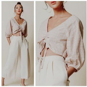 Chriselle x J.O.A. Ruched Front Checkered Crop Top